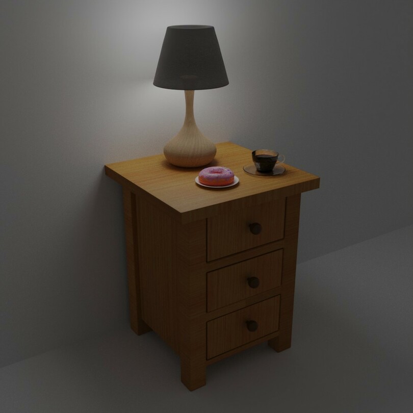 Blender render of a wooden bedside table with a lamp