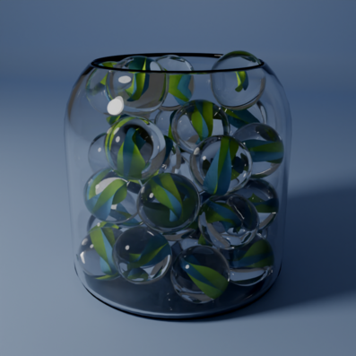 Blender render of glass marbles in a bowl