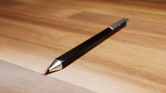 Blender render of a pen on a wooden desk